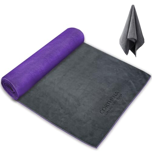 CORTHENA Hot Yoga Towel Set, Extra Thick 600GSM Soft Dual-Color Microfiber Non-Slip Yoga Mat Towel 72 x 27.5 in with Hand Towel, Sweat Absorbent Pilates Towel for Hot Yoga, Fitness, Grey/Purple