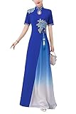 DOVWOER Women's Hight Neck Cheongsam Chinese Style Dress Elegant Vintage Maxi Dresses Blue