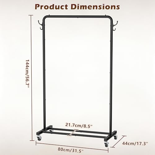 HOMIDEC Clothes Rail, Metal Clothes Rack with 4 Side Hooks, Bottom Storage Shelf and Wheels, Heavy-Duty Clothing Rail Holds Up to 40kg, Clothes Rails for Bedroom, Hallway, Clothing Stores, Black - Image 2