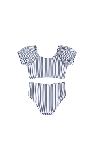 Image of LIZENS Two-Pieces Girls Swimsuit Puff Sleeve Beach Bathing Suit Stripe Bikini Sets