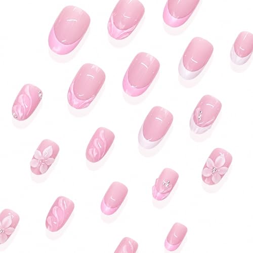 Short Almond Press on Nails Spring Summer Fake Nails with Flower & Pearl Designs Glossy Pink False Nails Cute Floral Full Cover White French Tip Artificial Acrylic Nail for Women DIY 24Pcs — view 4