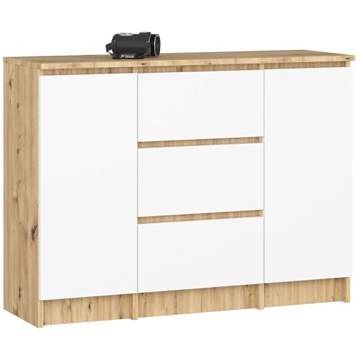 AKORD Kommode K-100 avec 2 Portes et 3 Tiroirs | pour Le Salon Chambre à Coucher | Moderne | Plateau Laminé 16mm | 35 x 76 x 101 cm | Blanc & Chêne Artisanal