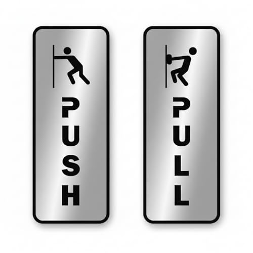 Image of Premium Brushed Silver Black Finish Pull Push Acrylic Door Sign 6 inch x 2 inch Sign Easy to Mount Self-Adhesive Tape for Hotel Office Corporate Resort
