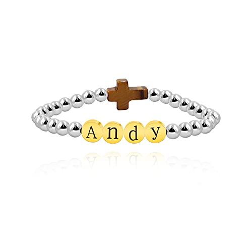 Image of Uloveido Black Agate Side Cross Bracelet Mustard Seed Charms, Personalized Letter A-Z Tiger's Eye Bangle Y944
