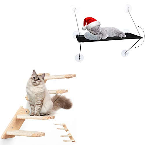 Bebobly Cat Climbing Shelf Reversible Wall Mounted Cat Stairs Ladder, Four Step Cat Stairway Bundle With Cat Window Perch, 100% Metal Supported Cat Window Hammock For Indoor Cats #TOP8