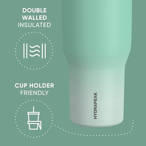 Image of Hydrapeak Voyager 40 Oz Stainless Steel Tumbler with Handle, Insulated Water Bottle With Straw & Lid, Cupholder Friendly Reusable Travel Mug (Iced Ombre Pale Sage)