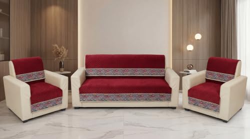 Image of KINGLY Sofa Cover 5 Seater 3+1+1 Velvet Full Cover - Maroon | Fully covered quilted velvet slipcover, washable anti-slip thick furniture protector for 3+1+1 living room sofa