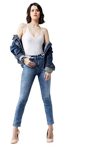 Image of Dolce Crudo Women's Light Blue Slim Fit High Rise Regular Length Light Wash Twill Tape Detailing Denim Stretchable Jeans