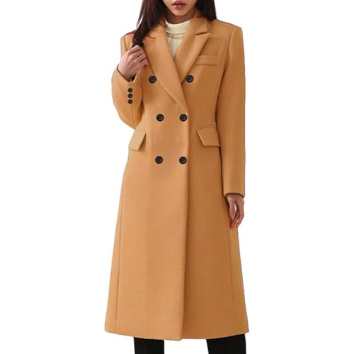 Generisch Casual Long Double Breasted Solid Wool Coat with Pockets Wool Coat Jogging Women Black, khaki, M