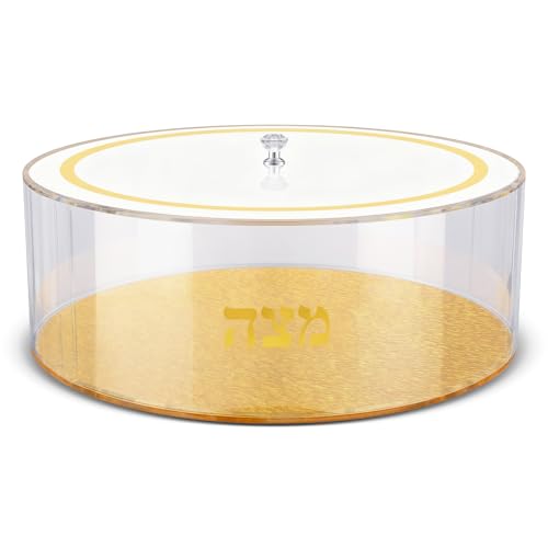 Ferrochef 13.5 Inch Judaica Matzah Box with Cover Round Acrylic Matzah Holder with Lid Passover Gold Box for Pesach Seder Table by Ferrochef - Used condition - US$27.99
