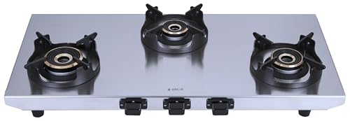 Image of Elica 3 Burner 2mm Stainless Steel Gas Stove | INOX HD 3B 77 | 77cm Wide Layout, Forged Brass Burners - 1 Jumbo 1 Medium 2 Small Burners, Crown Shape Pan Support, 2 Yr Warranty