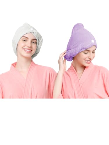 Cortina Microfiber Hair Towel Cap, Soft Absorbent Quick Drying Cap Pack Of 2, White-Purple For Rs. 102 @ 77 %