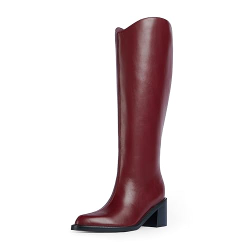 Knee High Boots Women Pointed Toe Chunky Heel Tall Boots,Burgundy,6.5