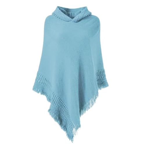 Ferand Ladies' Hooded Cape with Fringed Hem, Crochet Poncho Knitting Patterns for Women One Size Sky Blue