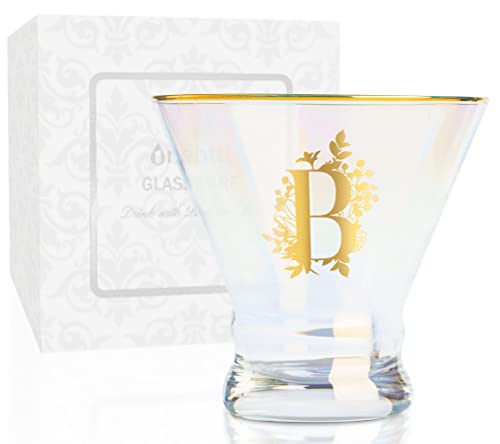 Onebttl Iridescent Stemless Martini Glasses with Initial B, Personalized Gifts for Women, 8 oz, Cocktail Gifts, Alcohol Glasses for Birthday, Christmas
