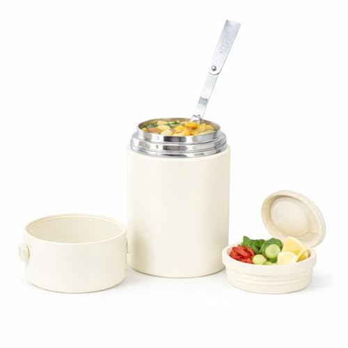 Image of Insulated Stainless Steel Lunch Box 500 ML | Leakproof Hot for 6 Hours & Cold for 10 Hours Food Container | Folding Stainless Steel Spoon | Portable Tiffin for Office, School, Travel (White)