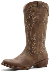 GLOBALWIN Women’s Square Toe Cowgirl Boots Classic Mid-Calf Cowboy Boots With Embroidered Stitching Low Heel Comfortable Western Boots For Country Outfits