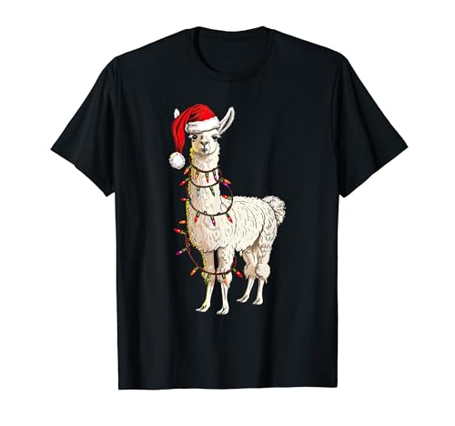 Cute Llama Santa with Xmas Lights Funny Christmas T-Shirt