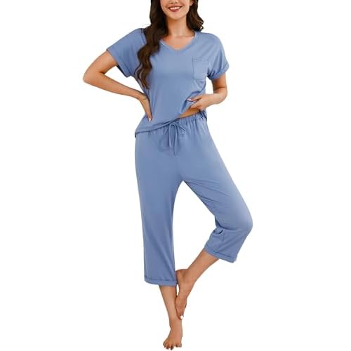 Marvmys Women's Capri Pajama Sets Short Sleeve 2 Piece Pjs V Neck Tops & Capri Pants with Pockets S-2XL Medium Blue