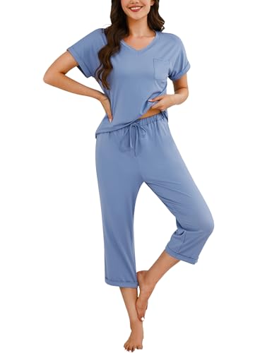 Marvmys Womens Short Sleeve Lounge Set 2 Piece Pjs Pajamas Capri Sets Petite Summer V Neck Sleepwear...