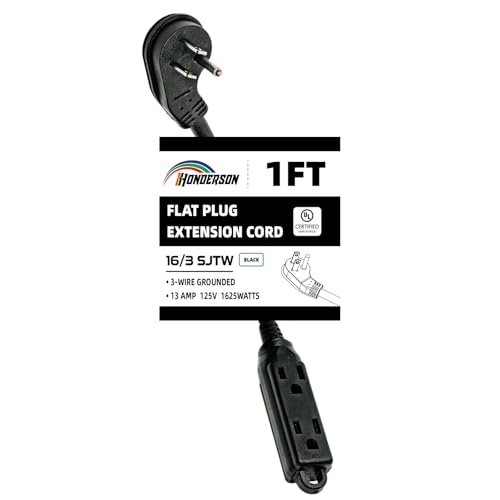 HONDERSON 3-Outlets Flat Plug Indoor Extension Cord Outlet Extender, UL Certified, 16 Gauge 1FT Black 3 Prong Heavy Duty, 16/3 SJTW 13A Power Strip