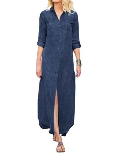 utcoco Womens Denim Shirt Dress Vintage Lapel Long Sleeve Casual