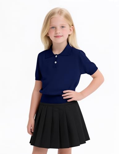 Image of Girls Short Sleeve Polo Shirt V Neck Button Down Shirts Summer Knit School Uniform Crop Tops