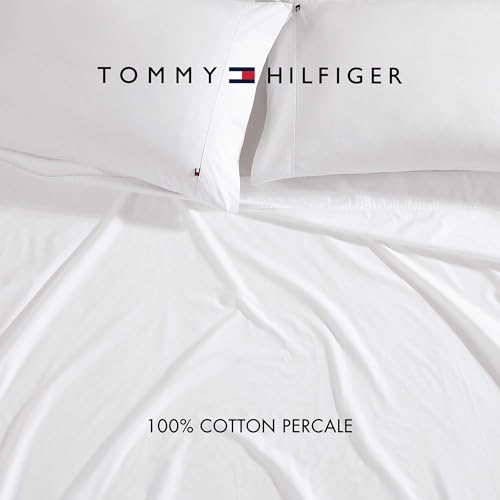 Image of Tommy Hilfiger - Sheet Set, Cotton Percale Bedding with Matching Pillowcases, Crisp & Cool, Solid Home Essentials (White, King)