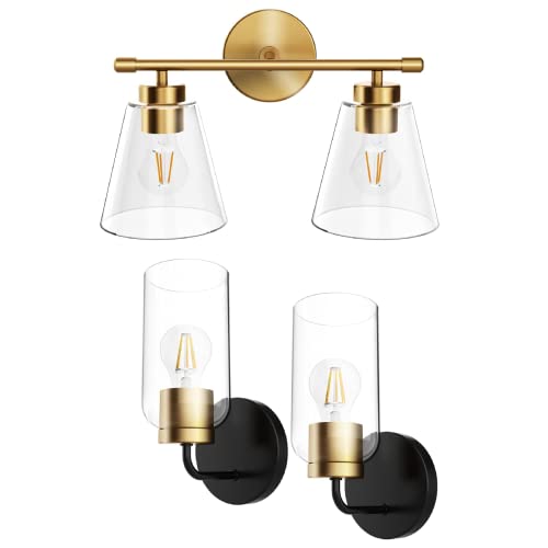 Hamilyeah Bathroom Vanity Light Fixtures Over Mirror, Gold Wall Sconce Lighting With Clear Glass Shade 2-Light, Modern Brass Wall Lamp Double Bulbs For Living Room Kitchen Bedroom Restroom Ul Listed #TOP16