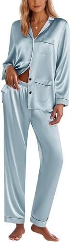 Ekouaer Damen Schlafanzug Satin mit Knöpfen Weich Pyjama | Bluse mit Taschen, Pyjamaparty, V-Ausschnitt, Bequem und Sanft zur Haut