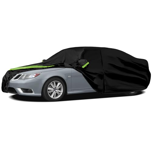Autoabdeckung Wasserdicht Ersatz für SAAB 9-3 1998-2014, Abdeckplane Autogarage mit Türreißverschluss Schloss, Upgrade Vollgarage Reflexionsstreifen Schneeschutz - Schwarz