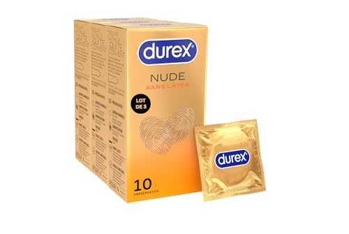 Durex - Lot de 30 Préservatifs Nude Sans Latex - Taille Standard - Convient aux personnes allergiques au latex - 3x10 pièces