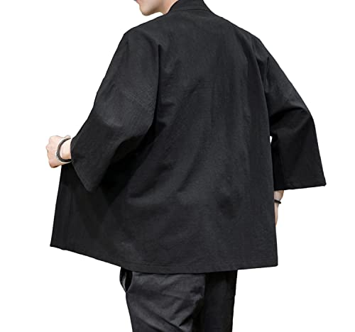 Image of Mens Kimono Cardigan Cotton Linen Japanese Shirt 3 /4 Sleeve Haori Yukata | Skin-Friendly Solid Color Lightweight Shawl Collar Kimono Robe Embroidery Button Tie Pockets Happi Coat All Season Daily Wear