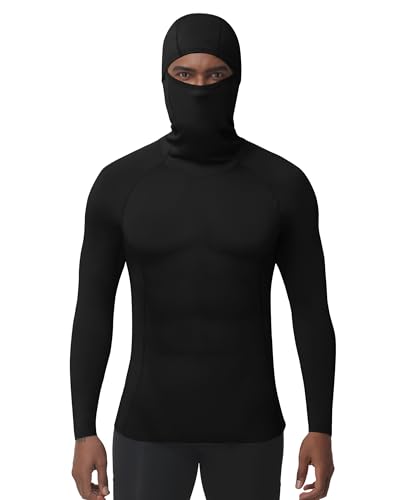 Roadbox Men's Compression Shirt Hoodie with Mask, Long Sleeve Workout Athletic Base Layer, Sports Gym Running Undershirt Top Black
