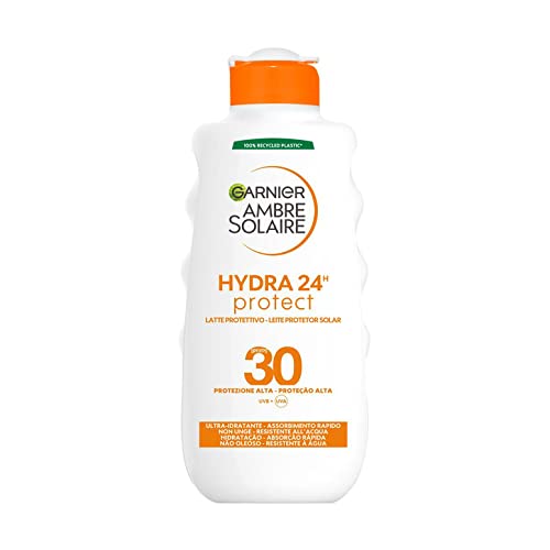 Garnier Ambre Solaire Latte Protettivo Hydra 24H Protect, Viso e Corpo, Ultra-Idratante per Tutto il Giorno, Con Protezione Alta SPF 30, Resistente all'Acqua, A Rapido Assorbimento, 200 ml