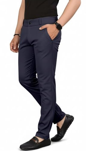 Image of Mehrang Men's Slim Fit Casual Mid Rise Trousers, Cotton Blend, Side Pockets || Classic Slim Fit Chino Pants || Business Casual Dress Trousers
