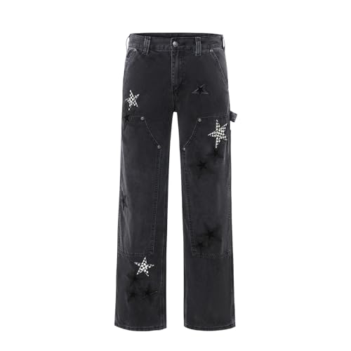 Mens Y2k Star Embroidery Jeans Streetwear High Waisted Loose Denim Pants