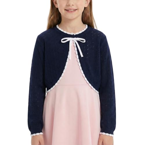 Image of Girls Cotton Knit Shrug Cardigan with Long Sleeve Ruffle Hem