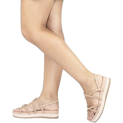 Papete Feminina Strass Brilho Sandália Tiras Flat Conforto BOR2 nude36