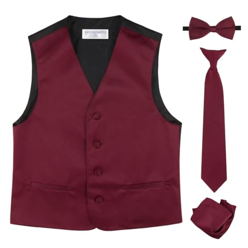 Vesuvio Napoli Boy's Dress Vest Bow Tie Necktie Hanky 4 piece set. Solid Color Variety Pre-Tied Ties (US, Numeric, 10, Burgundy)