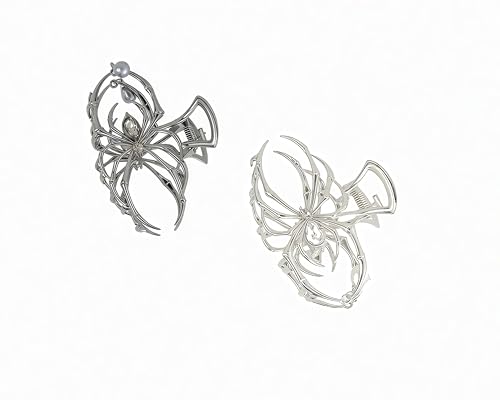 2PCS Gothic Spider Hair Claw Clips with Pearl for Women And Girls, Spooky Metal Large Medium Clip for Thick Thin Hair, Headband Barrette for styling Accessories Halloween (Black Gun & Silver)