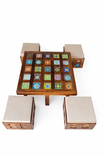 Image of Wooden Coffee Table with 4 Stools, Ceramic Tiles On Table Top with Ceramic Tiles Design Stool, Table 86x86x46 cm, Stool 40x40x35 cm (Natural)