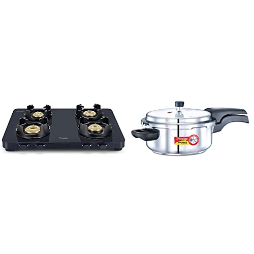 Prestige Edge Schott Glass 4 Burner Gas Stove, Black & Deluxe Alpha Outer Lid Stainless Steel Pressure Cooker, 3 litres, Silver Combo