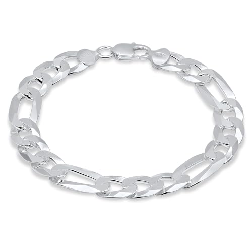 Aka Gioielli - Solid 925 Sterling Silver 11mm Diamond-Cut Figaro Link Chain - Bracelet for Men - Made in Italy