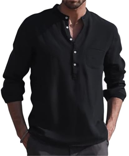 [アスペルシオ] バンドカラー 爽やか シャツ スタンドカラー お洒落 デザイン v系 オーバーサイズ トップス メンズ 開襟 長袖ボタンダウン ファッション アメカジ 涼感 ストリート 襟付き 立襟 洋服 個性的 ビックシルエット ハーフボタン 柔らかい モード 原宿風 オフィスカジュアル ロングスリーブ ドレス カラフル アウトドア 通気性 長袖シャツ (3XL) ブラック - aspersio - 商品画像