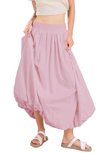 chouyatou Women's Summer Y2k Bubble Maxi Long Skirt Puffy Ruffle High Waist A-Line Smocked Skirt (Small, Pink)