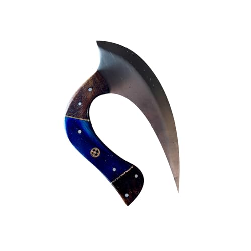 H-RAF Couteau Ulu Traditionnel, Manche en Noir et Blanc, Lame Courbée en Acier (BLEU)