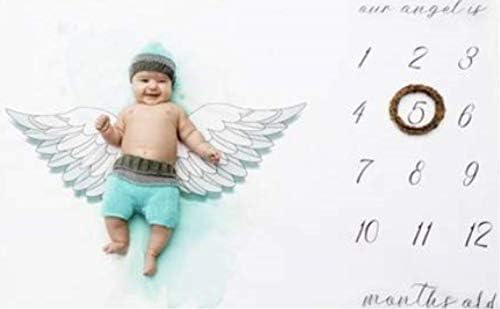 Baby Monthly Milestone Photography Blanket 0-2 Years, Baby Swaddling Blanket, Monthly Growth Chart, Props Shoots Backdrop Made Fleece, Gift Newborn Shower Mom 100 * 100cm (White Angel)