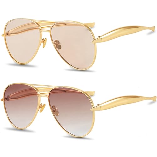 SevenColor Trendy Oversized Aviator Sunglasses for Women Men 2026 Gold Big Aviators Sun Glasses 70s Retro Shades (Gold/Light Champagne+Gold/Brown Gradient)