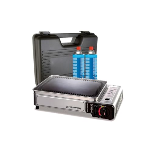KEMPER - Plancha gaz portable 2300W plaque anti adhésive + 2 cartouches de gaz camping + Valise de transport